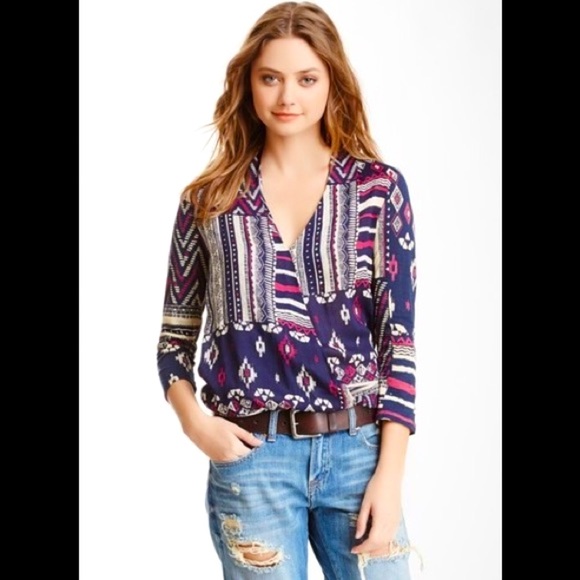 Lucky brand Patchwork Print Short 3/4 Sleeve Top - Picture 5 of 6